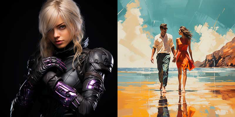 Deux images générées par MidJourney : une femme en armure futuriste noire et violette et un couple marchant sur une plage au coucher du soleil