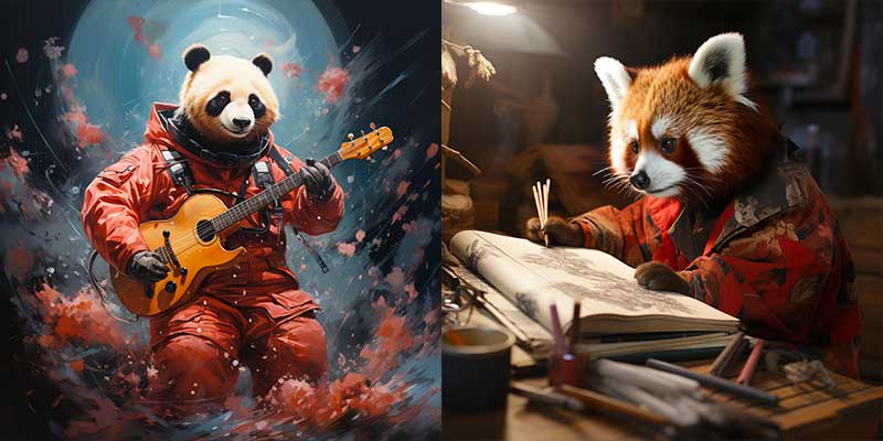 Deux images générées par MidJourney : un panda en combinaison spatiale jouant de la guitare et un panda roux peignant à son bureau