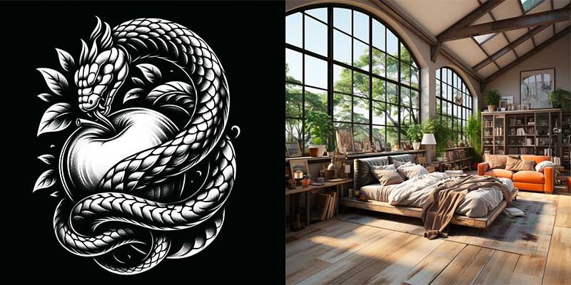Deux images générées par MidJourney : un motif de tatouage dragon en noir et blanc et le rendu d'une chambre aménagée sous verrière