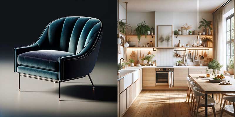Deux images générées par MidJourney : la photo studio d'un fauteuil en velours bleu et le rendu d'une cuisine ouverte contemporaine