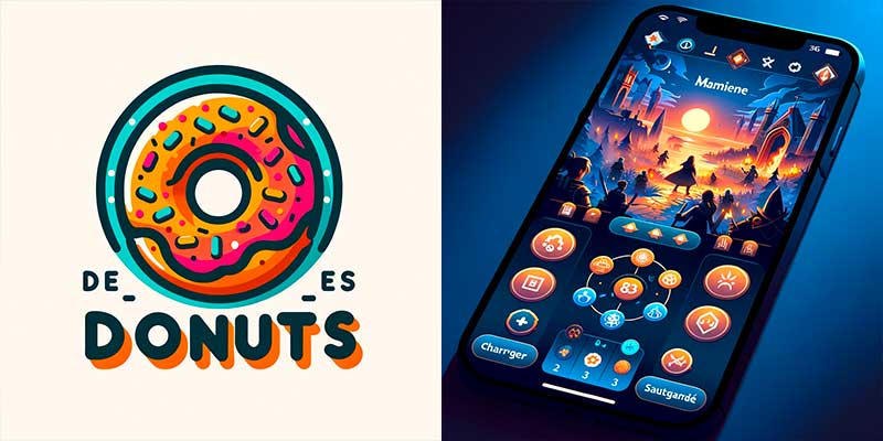 Deux images générées par MidJourney : un logo de marque de donuts et une maquette d'interface mobile sur smartphone