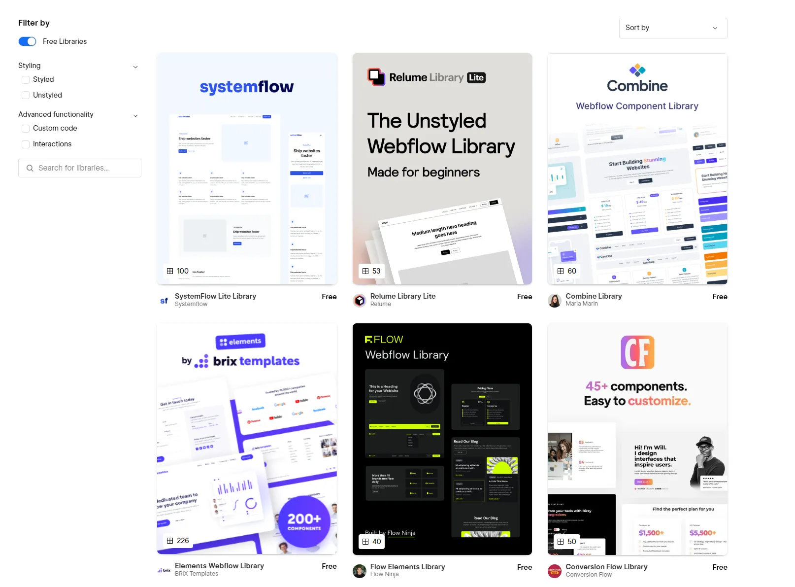 Le catalogue de bibliothèques de composants gratuites de Webflow : SystemFlow, Relume, Combine, BRIX, Flow Ninja, Conversion Flow