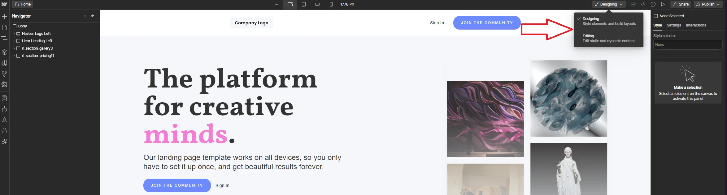 L'éditeur Webflow et son sélecteur de mode : Designer pour construire les pages, Éditeur pour modifier le contenu